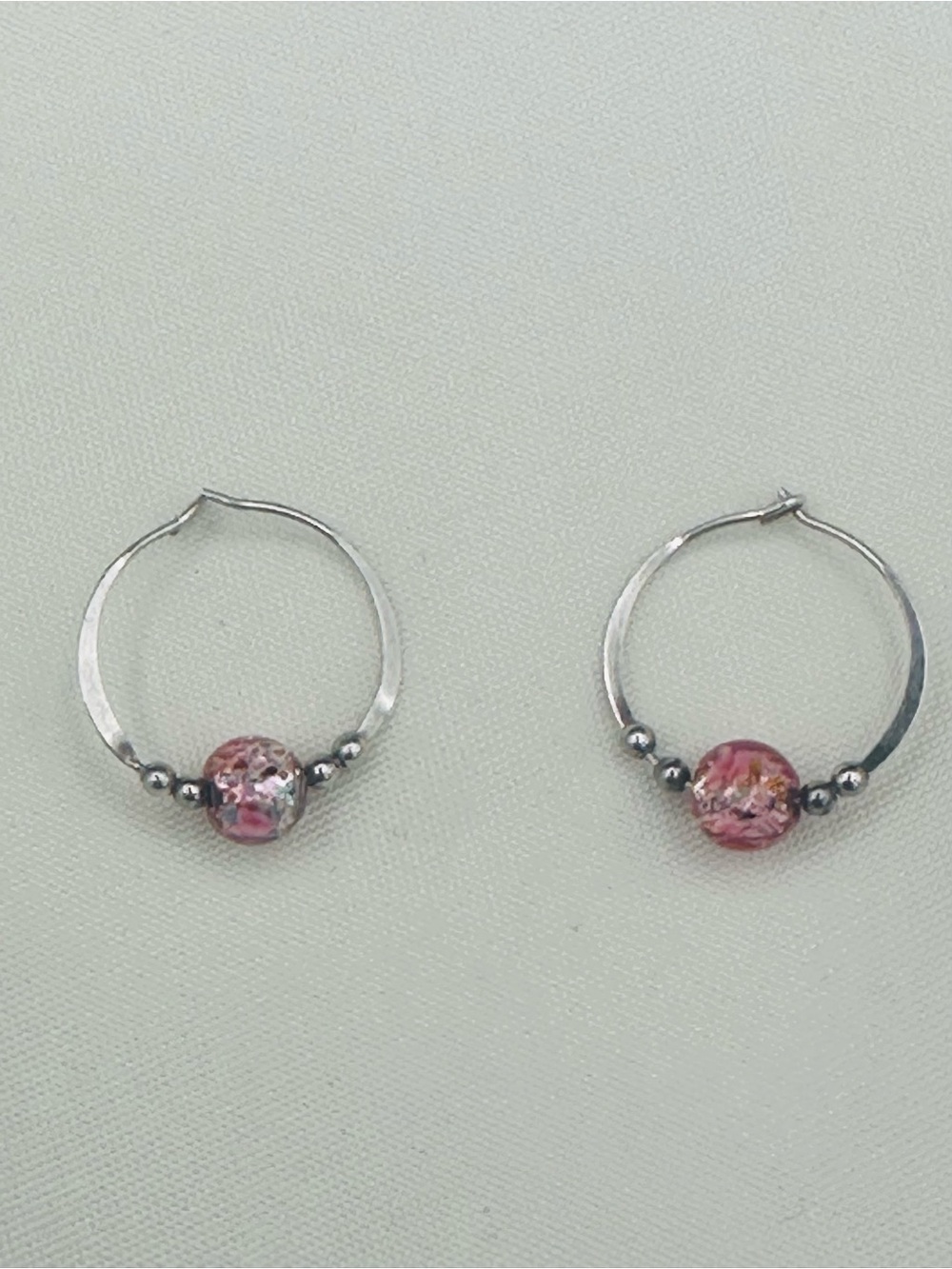 Vintage style pink foil lampwork glass hoop earrings, sterling silver wire hoops
